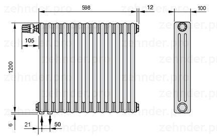 Схема (чертеж) Радиатор Zehnder Charleston 3120/13 №V001 Белый глянцевый RAL 9016